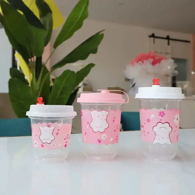 100pcs 90 Caliber U-shaped Fat Cup Milkshake Cups Disposable Commercial Beverage Cups Cat Claw Pattern with Lid Juice Package