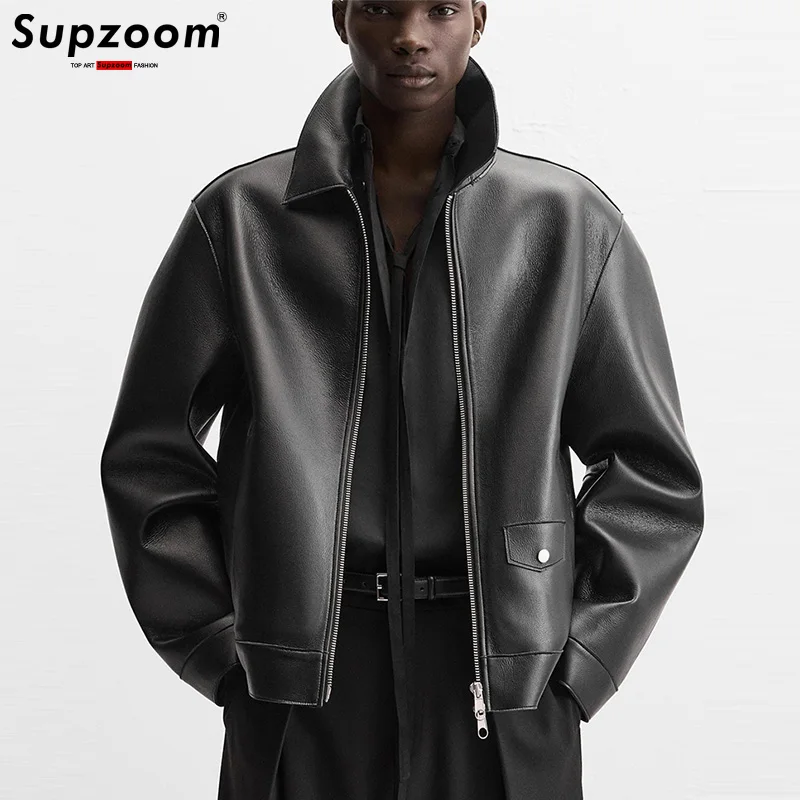

Supzoom 2025 Новое поступление, модная осенне-зимняя мужская повседневная короткая толстая куртка из искусственной кожи с отложным воротником на молнии