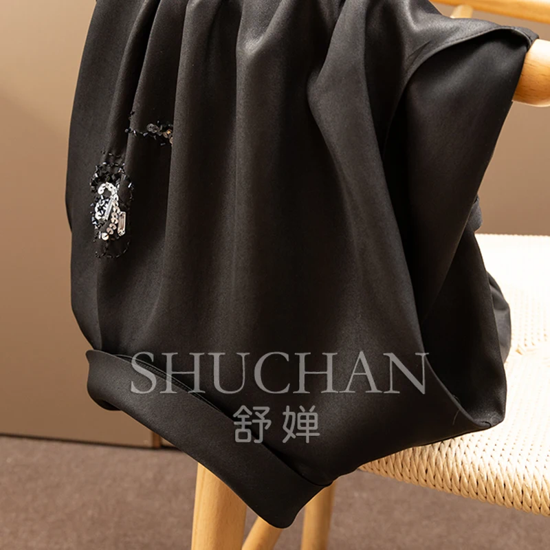 جديد أنيق جدا! فستان نسائي من الحرير الفرنسي G على الوجهين من الساتان والخرز المطرز بخصر بدون أكمام 0Y89