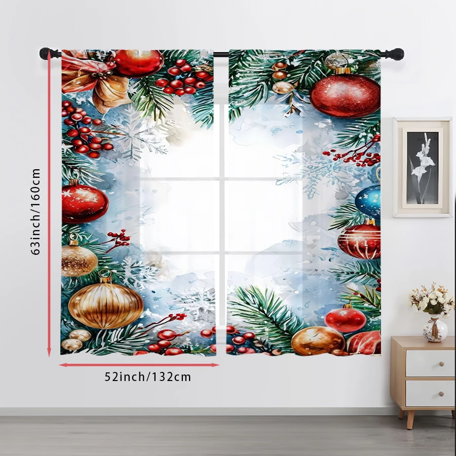 2PCS Sheer Curtains Watercolor Christmas Ball Pine Berry Print, Window Voile Panels for Bedroom Living Room Xmas Holiday Decor