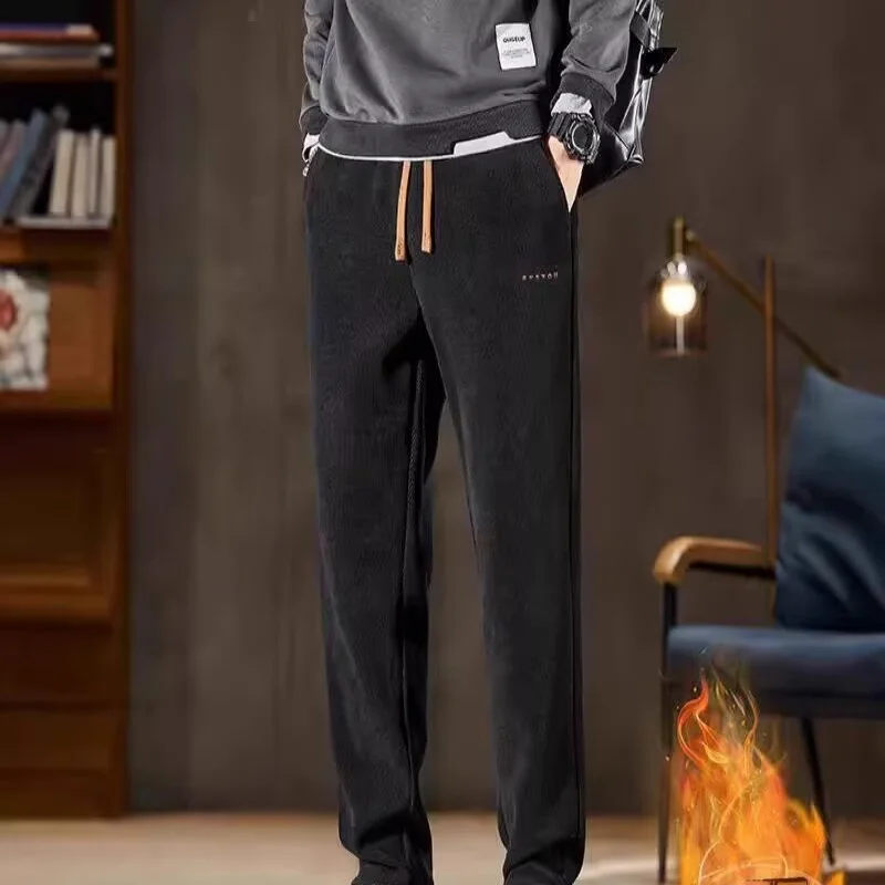 

2025 autumn and winter tall men's casual pants with plush drawstring, loose straight tube light core velvet pants trend