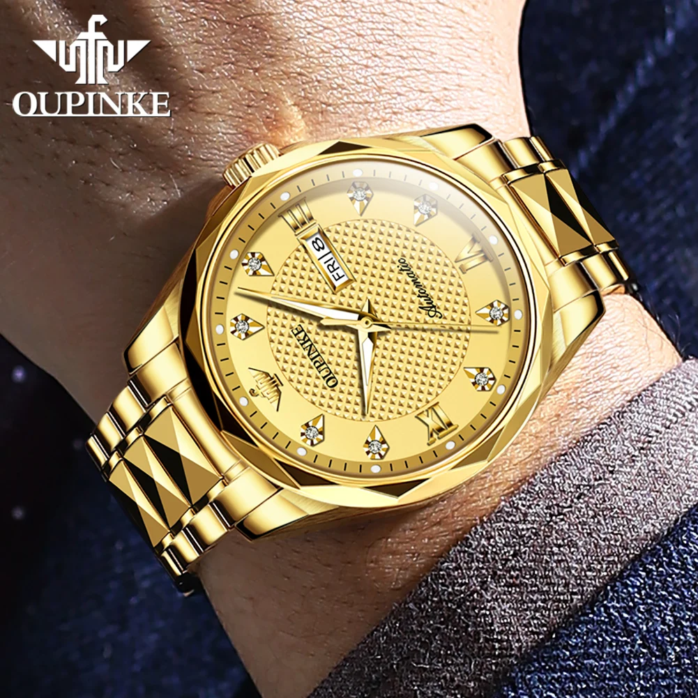 OUPINKE 3243 Golden Luxury Men's Watch Business Tungsten Steel Band Brand Diamond Double Calendar Men Automatic Mechanical Watch