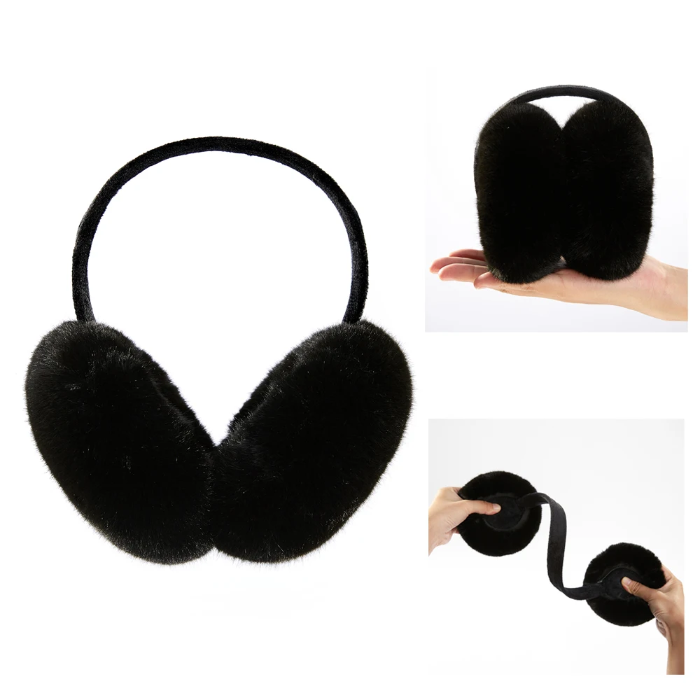 Anjj Foldable Black Earmuffs Exquisite High Quality Soft Plush Warm Windproof Ear Muffs Imitation Rabbit Fur Woman Girl Accessor