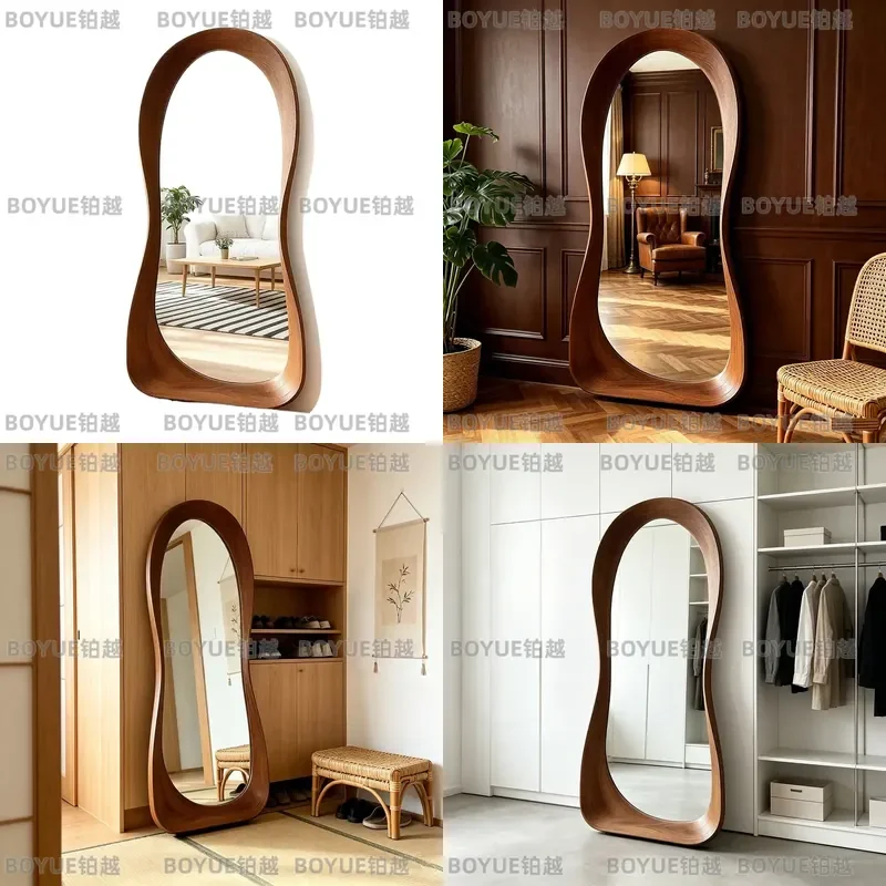 Vintage Solid Wood Full Length Floor Mirror Unique Shaped Wall Mounted Body Mirror High End Rubber Wood Home Decor