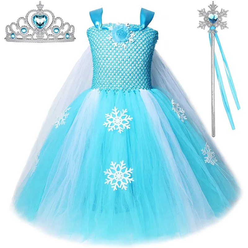 

Snow Queen Elsa Long Dresses for Girls Halloween Christmas Costumes with Cloak Kids Snowflake Floor Outfit Princess Ball Gown