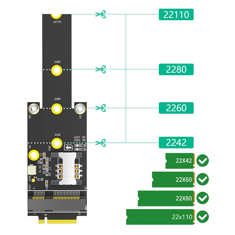 Переходник M.2 Key M — Mini PCIE со слотом для SIM-карты + одинарный USB-порт, поддержка сетевого модуля Wi-Fi WWAN LTE 3G/4G Mini PCI-E