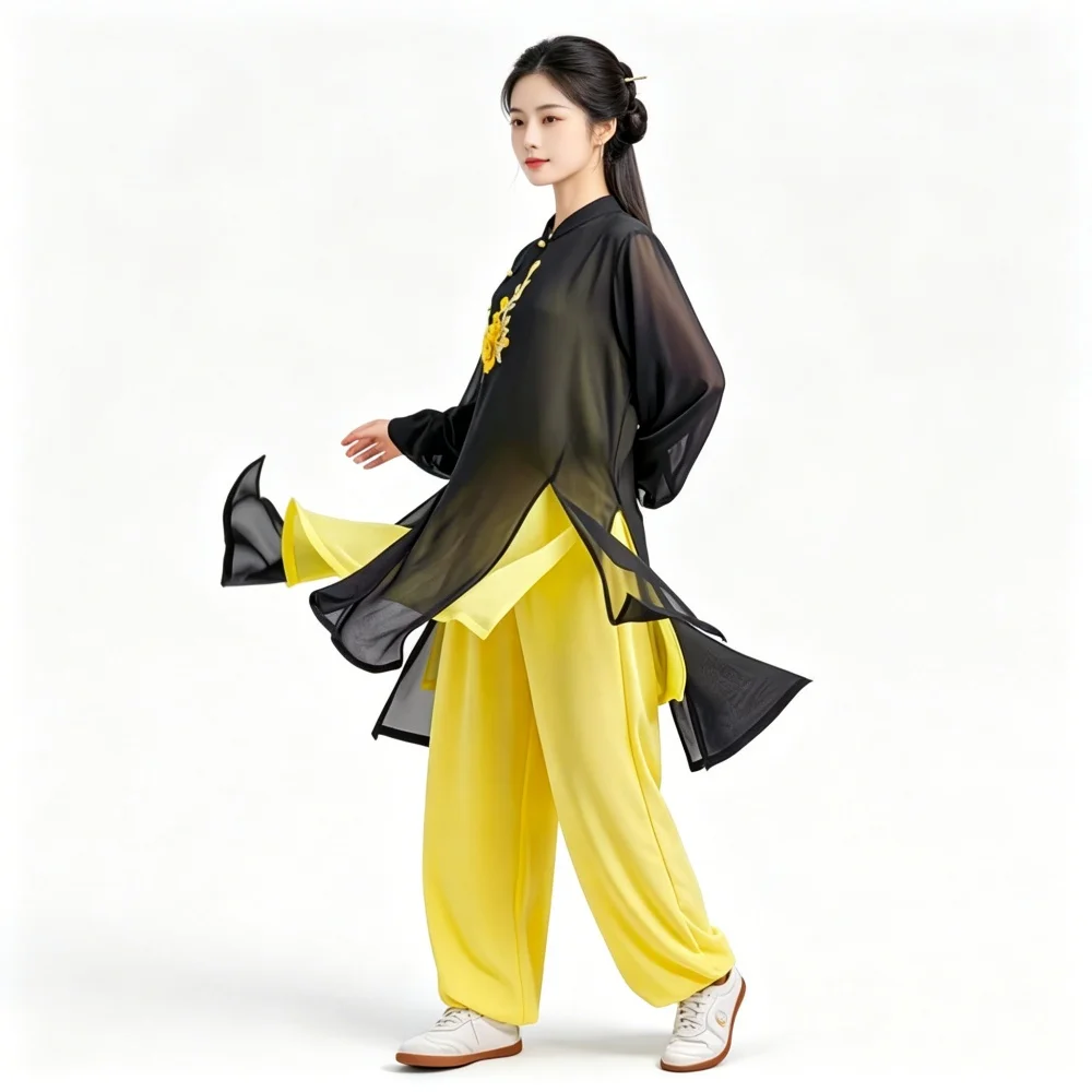 Women's Elastic Tai Chi Uniform Embroidered Neo-Chinese Style Martial Arts Outfit for 3 Pieces of Brocade Practice