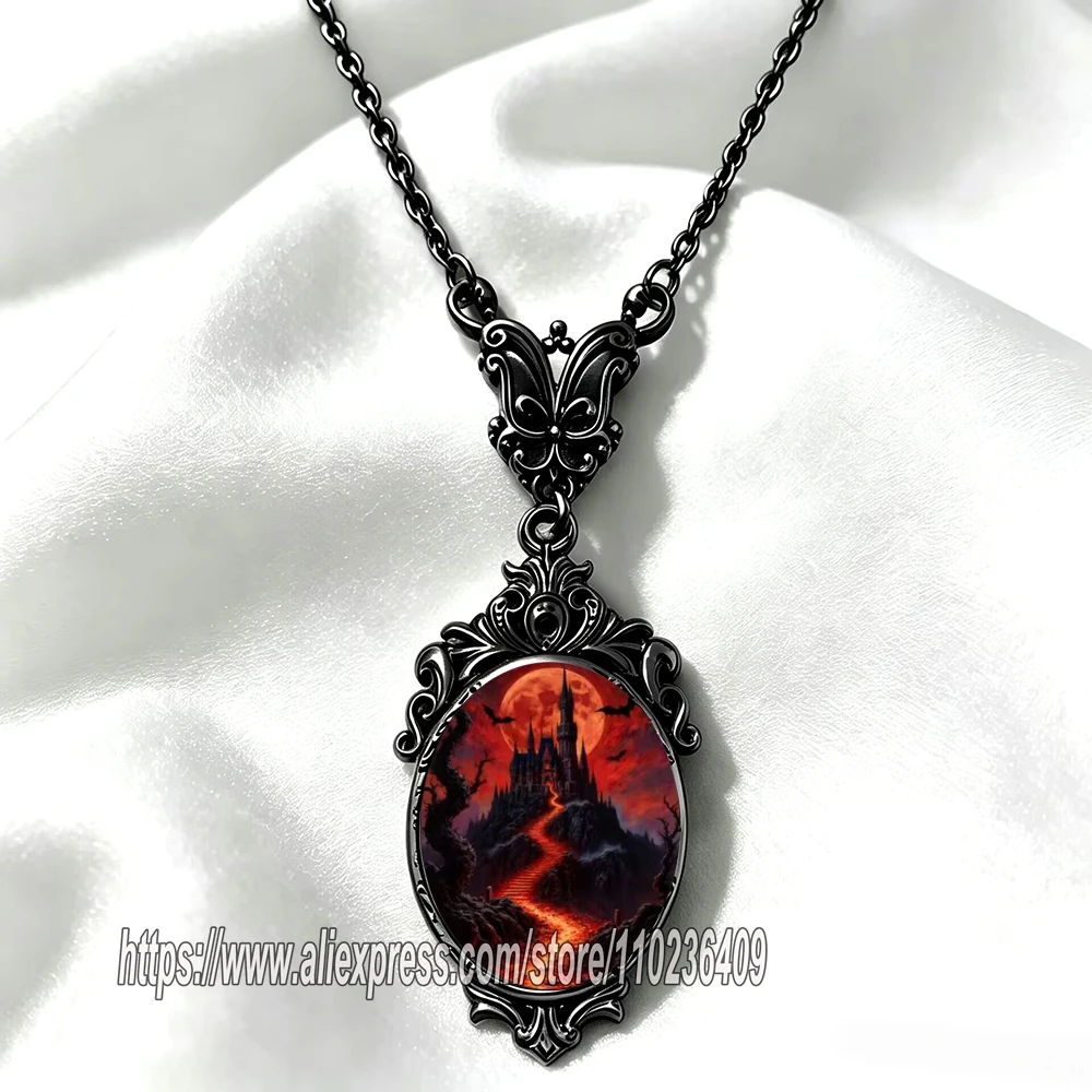 Black Color Vintage Gothic Red Moon Castle Necklace Black Ornate Frame Halloween Bat Pendant