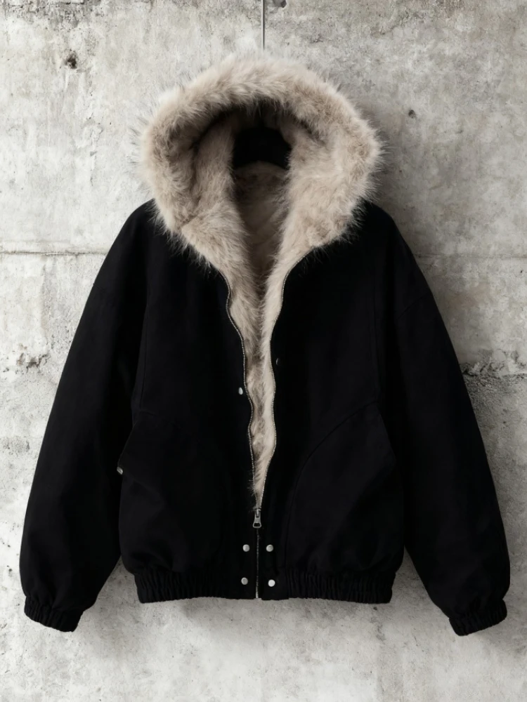 American Style Retro Hooded Jacket Winter Gothic Harajuku Fashion Black Coat Casual Outerwear Y2k Fur Collar  Parkas Woman Chic