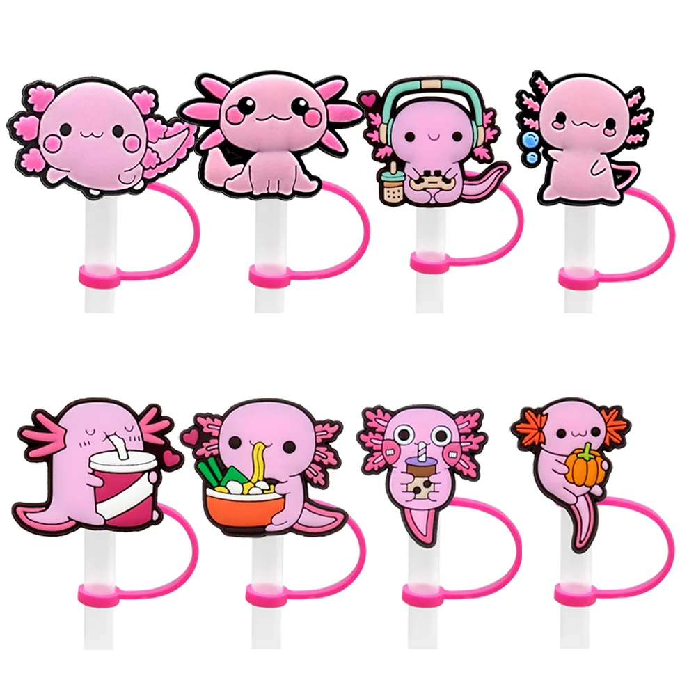 8PCS Animal Cat Silicone Straw Cover Cap,8mm Dog Salamander Straw Topper Creative Splashproof Plug,Dustproof Straw Tip for Girl