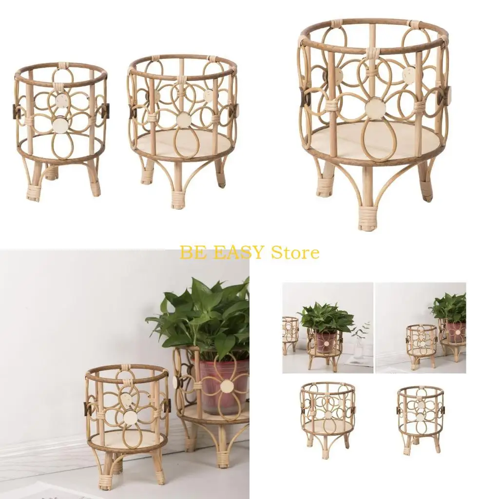 E28F Rattan Indoor Plant Stand Straw Woven Flowers Pots Holder Stool with Legs Floor Planter Baskets Rack Wood Plant Shelf