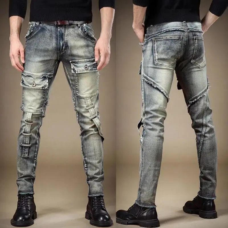 กางเกงยีนส์แบรนด์หรูสำหรับผู้ชาย ดีไซน์หล่อเท่ห์ สไตล์คาร์โก้ ประจำฤดูใบไม้ผลิ/ฤดูใบไม้ร่วง ปี 2025 เสื้อผ้าผู้ชายยอดนิยม กางเกงขายาวทำงาน