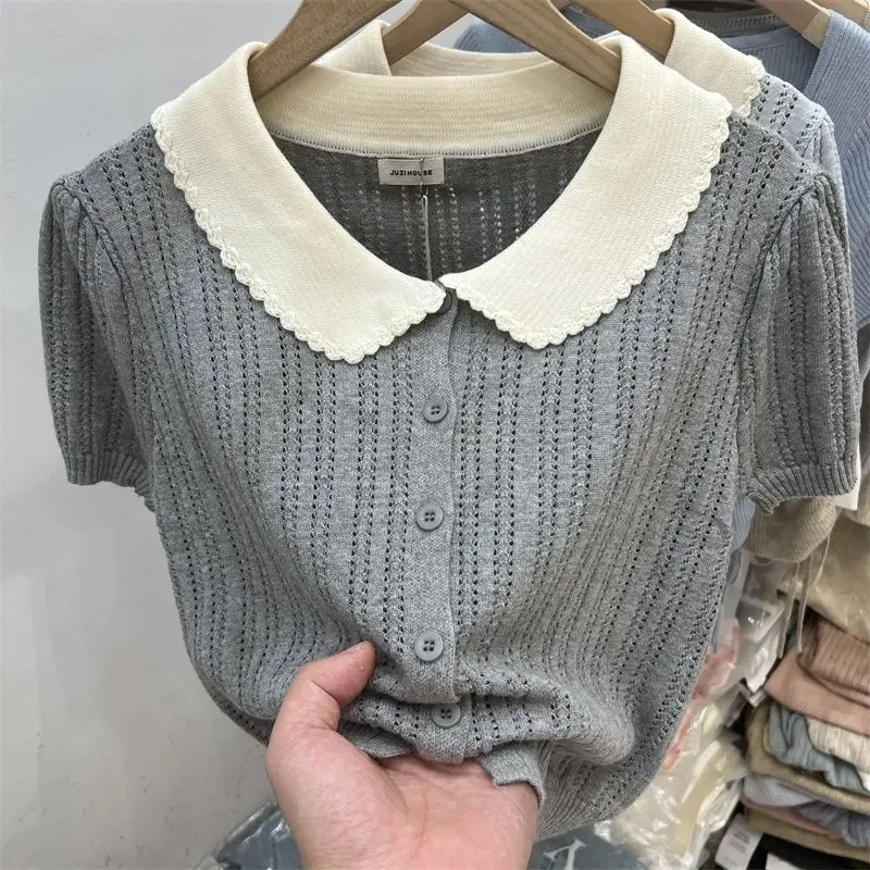 Collar Short Cut High Waisted Hollow Knitted Short Sleeved T-shirt Advanced Cardigan Sunscreen Shirt Knitwear Camisetas