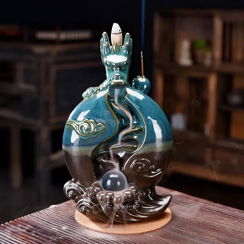 1pc,Ceramic Handicraft Chinese Mascot Dragon With Ball Waterfall Backflow Incense Burner Aromatherapy Ornament (Without Incense)