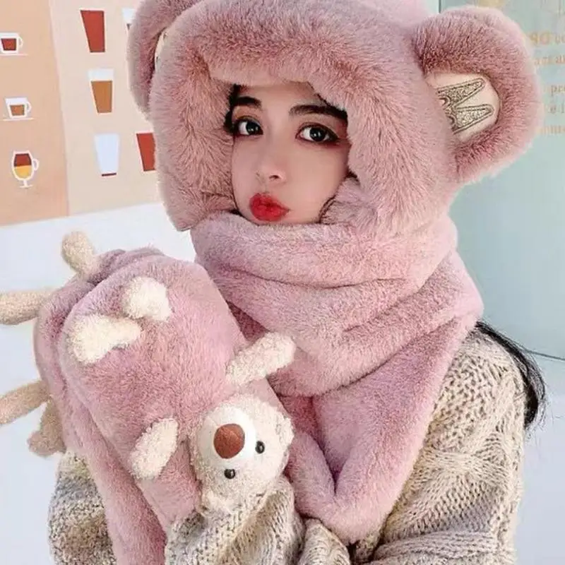 Autumn Winter Little Bear Hat Scarf Integrated Women's Cold weather Warm Plush Gloves Three-Piece Set Cute Hooded Ear Protection