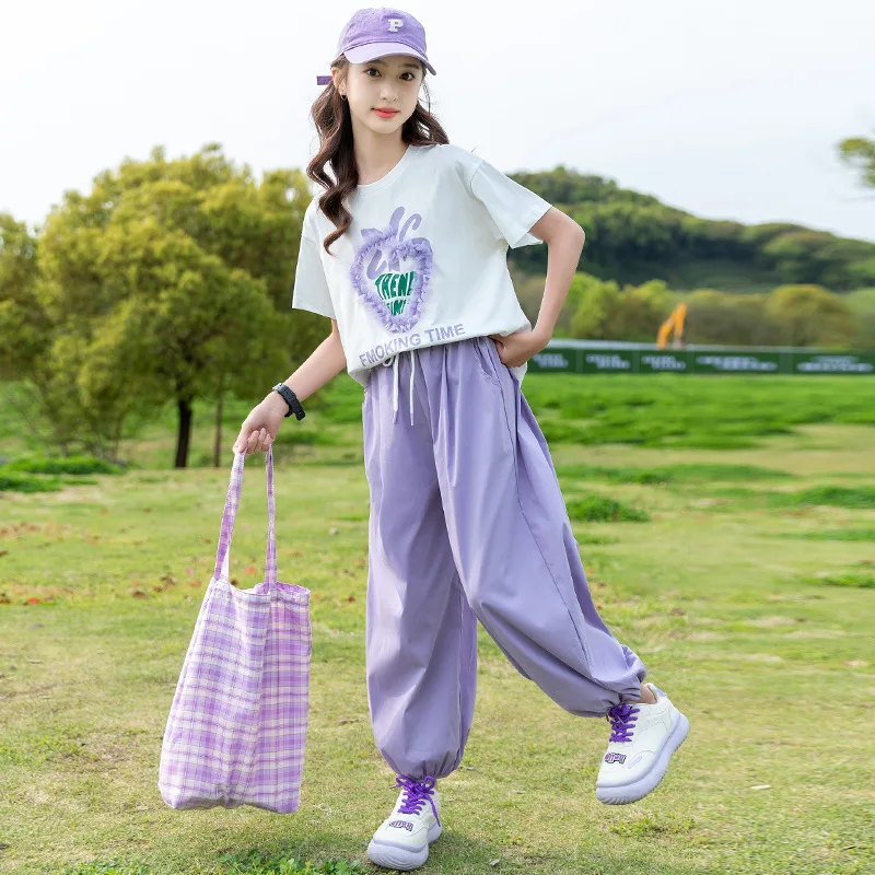 

Summer Girls Cotton 3D Patchwork T-Shirt Tops+Plain Drawstring Pant Sets School Kids 2PCS Tracksuit Child Jogging Outfits 5-16Yr