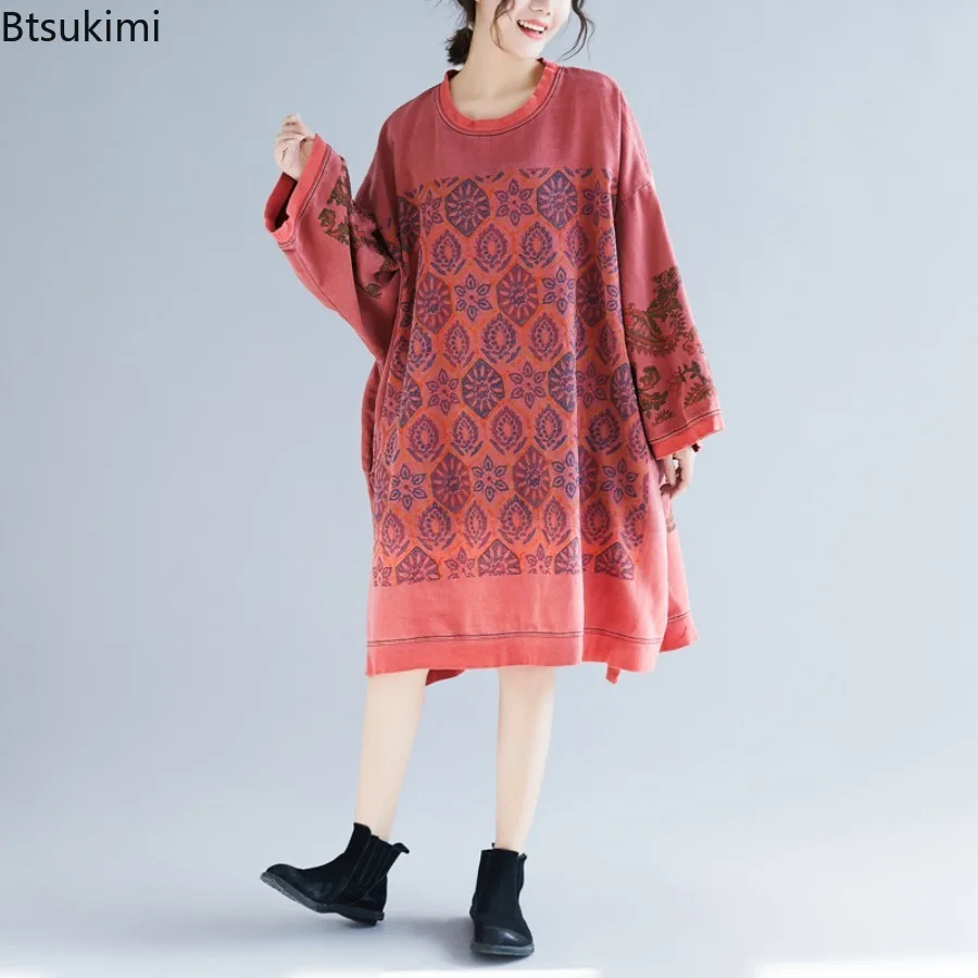 

2025 New Women's Mid-length O-neck Hoodies Casual Loose Print Maxi Dress Spring Autumn Vintage Sweatshirts Y2k Streetwear Femme