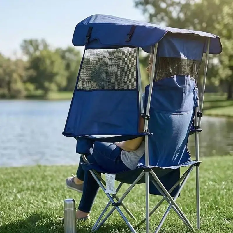 Heavy Duty Folding Camp Chair With Canopy Sunblock UPF 50 for Beach Trip Outdoor Relaxation Compact Portable Fishing Picnic Gear
