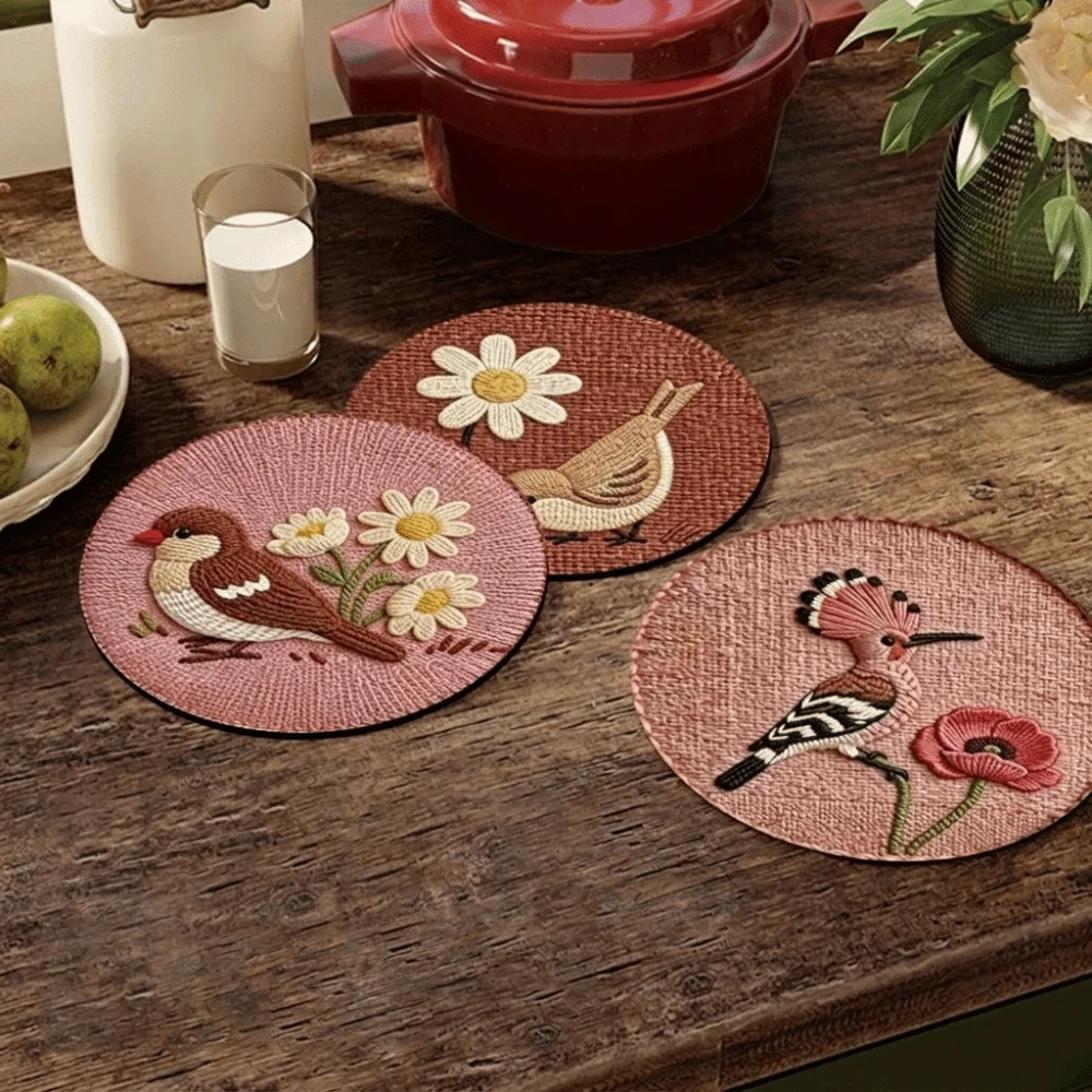 Flower and Bird Print Round Coaster Anti Slip Heat Resistant Anti Scalding Table Mat Imitation Weaving Pot Holder Kitchen Table