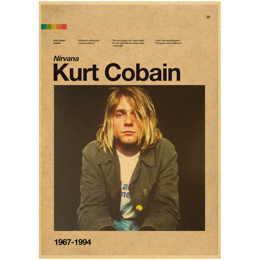 Kurt Cobain Singer Posters Rock and Roll Music Retro Kraft Paper Sticker Room Vintage Bar Cafe Decor Gift Art Wall Paintings