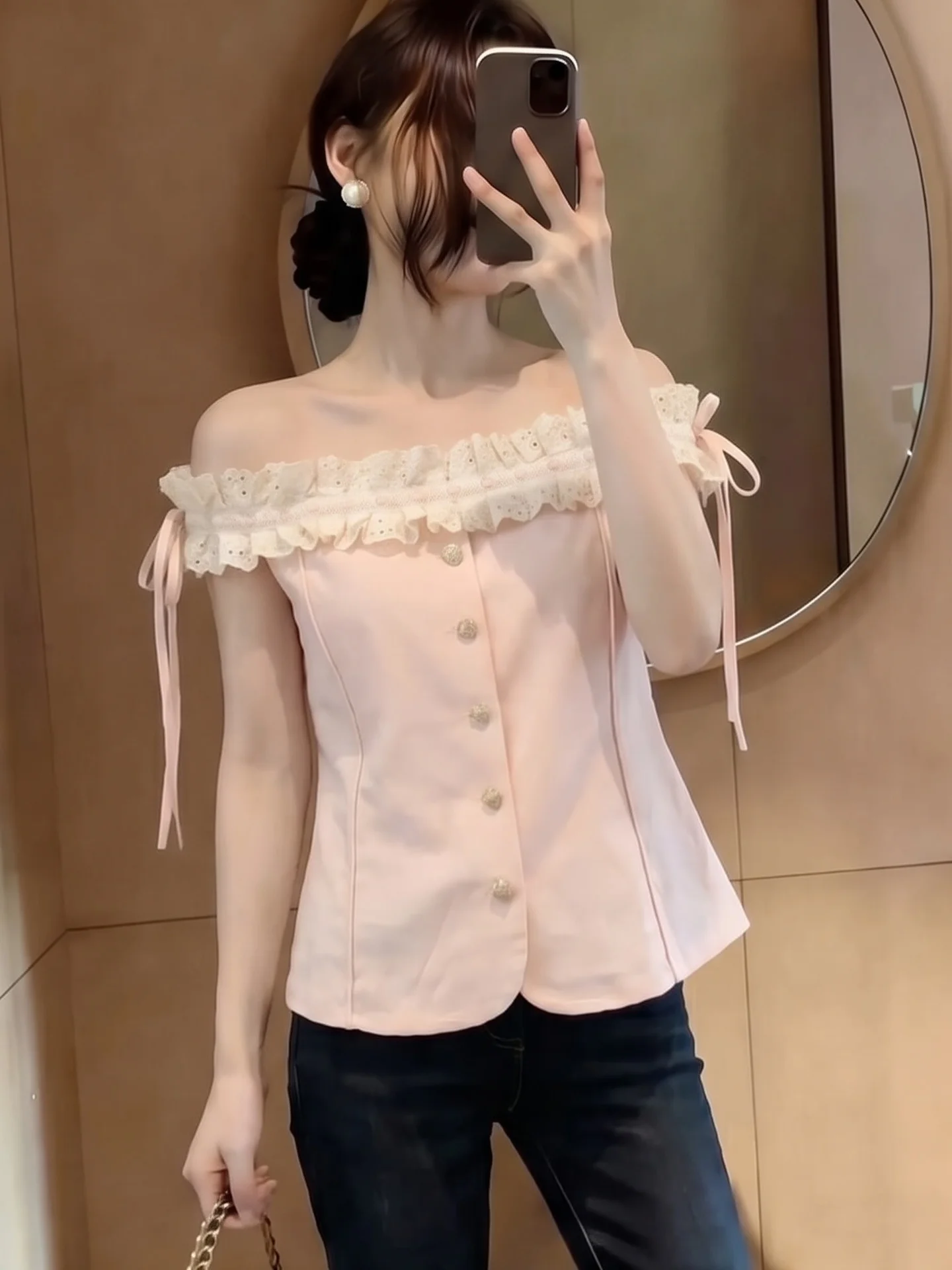 

Summer New Style Pure Desire Sweet Spicy Girl Shoulder Bared Knot Tie Lace Fishbone One Shoulder Shirt Women's Fashion