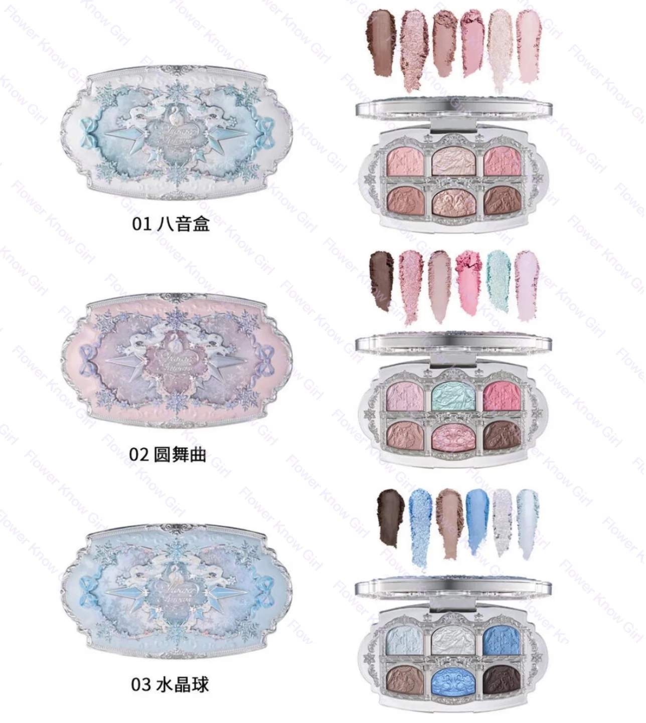 Flower Knows Snow Ballet 6 Colors Satin Eye Shadow Palette Velvet Matte & Pearl Shimmer in One,Blendable Fairytale-Easy Formula