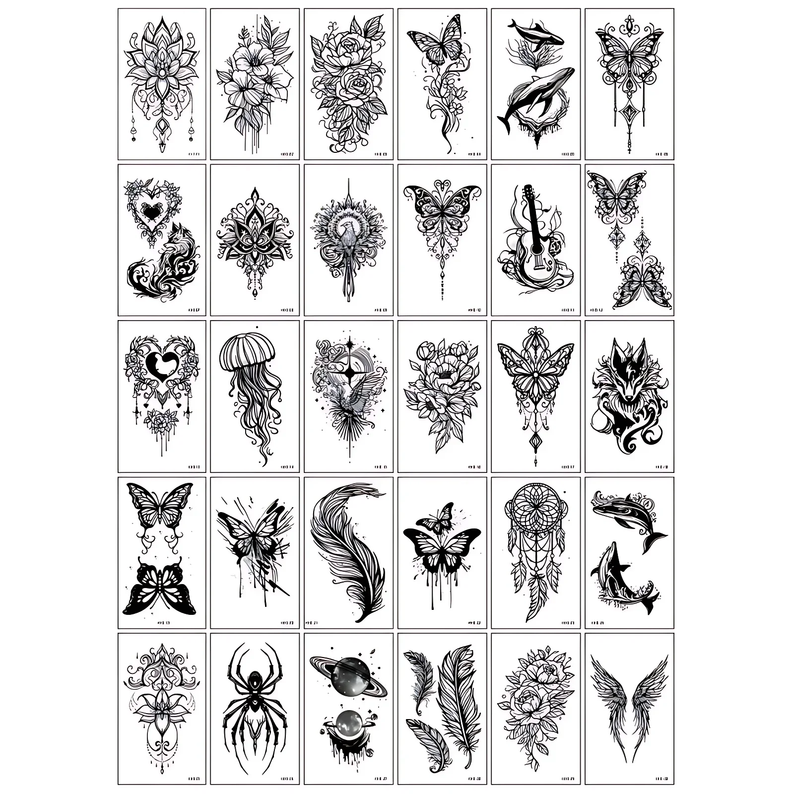 60pcs/lot Temporary Waterproof Tattoos Sticker Black Feathered Dolphin Butterfly Line Drawing Jewelry Lace Moon Tattoo Adhesive