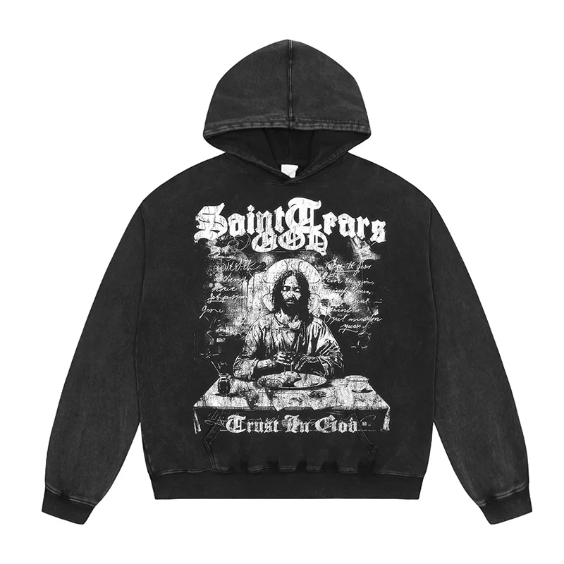 Hip Hop Cracked Character Pattern Print Saint Tears Hoodie Hooded Men Women Streetwear Vintage Washed Black Blue Loose Pullovers