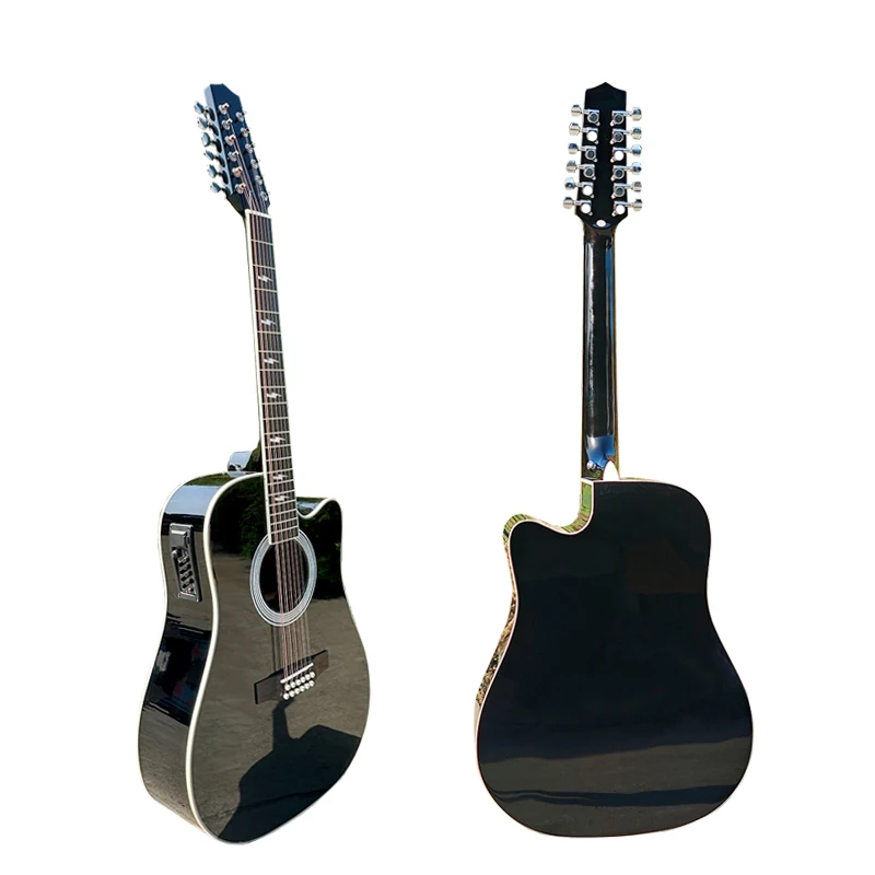 Handmade Gloss Black 12 String Electric Acoustic Guitar Built-in  Professional Wooden Musical Instrument