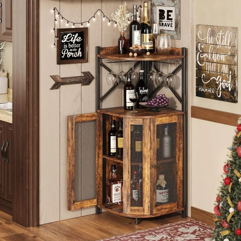 Corner Storage Cabinet with Open Shelf, Industrial Wine Bar Cabinet with Door, Industrial Corner Cabinet for Kitchen