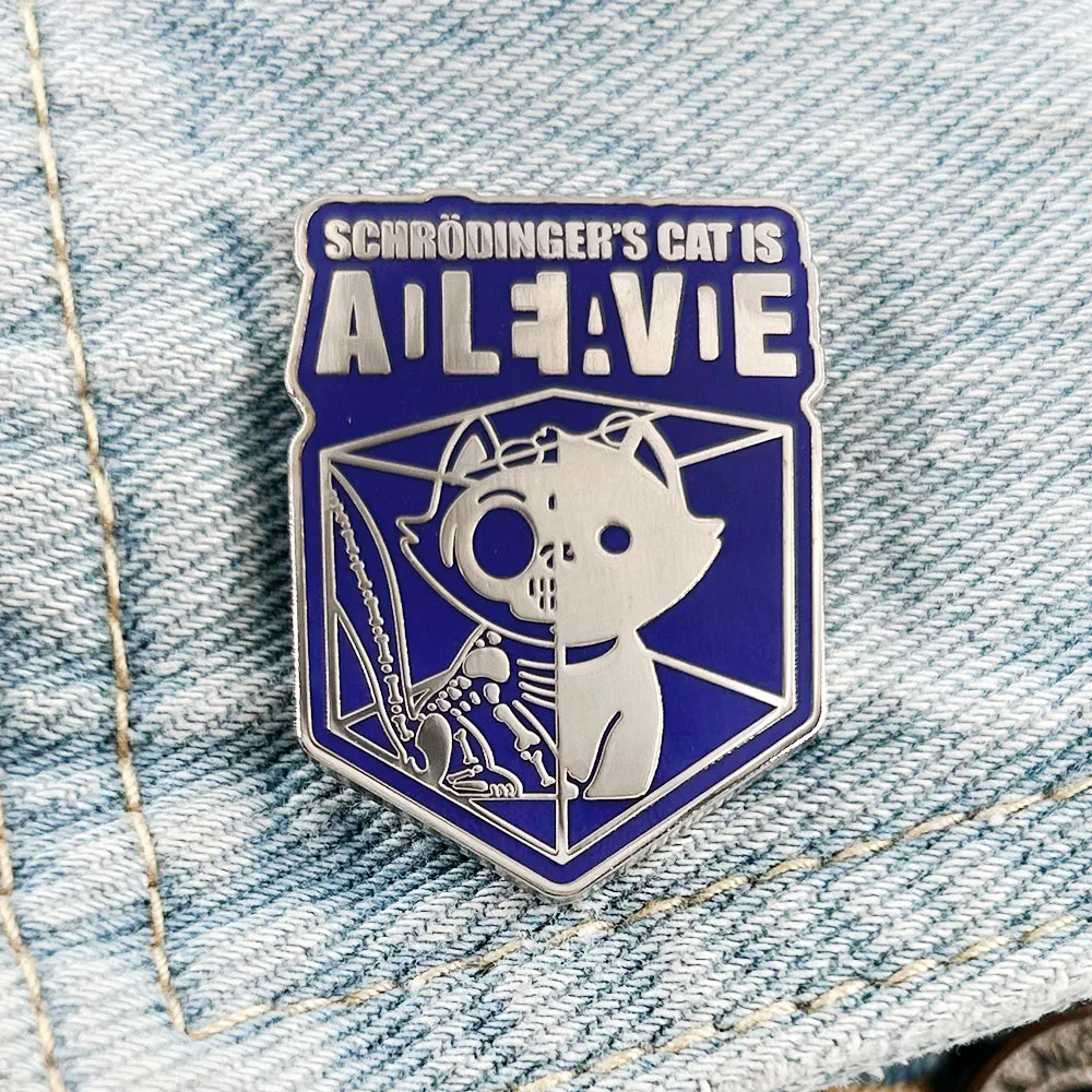 Insignia de gato de Schrodinger, broche divertido de ciencia de gato muerto y vivo, Pin de físico, insignias Geek, joyería de teoría de Big Bang