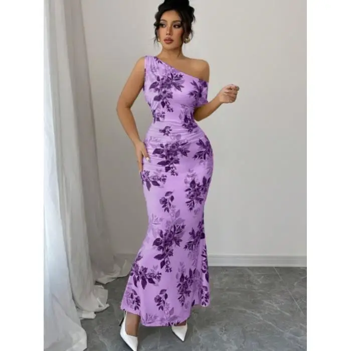 

Сексуальное длинное платье с принтом Fi Tail Dr ort Sve на талии и косым воротником, удобное трикотажное летнее платье из смеси полиэстера