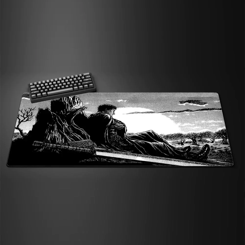 Black White Manga Style Large Gaming Mouse Pad Starry Sky Cloud Mountain Pattern Non‑Slip Rubber Extended Desk Keyboard Mat 