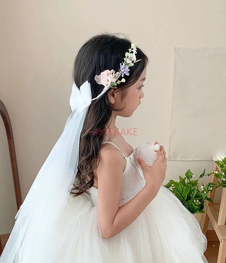 1pcs Flower wreath headband, children's white mesh, bow headband, flower girl braided hair headband image 3