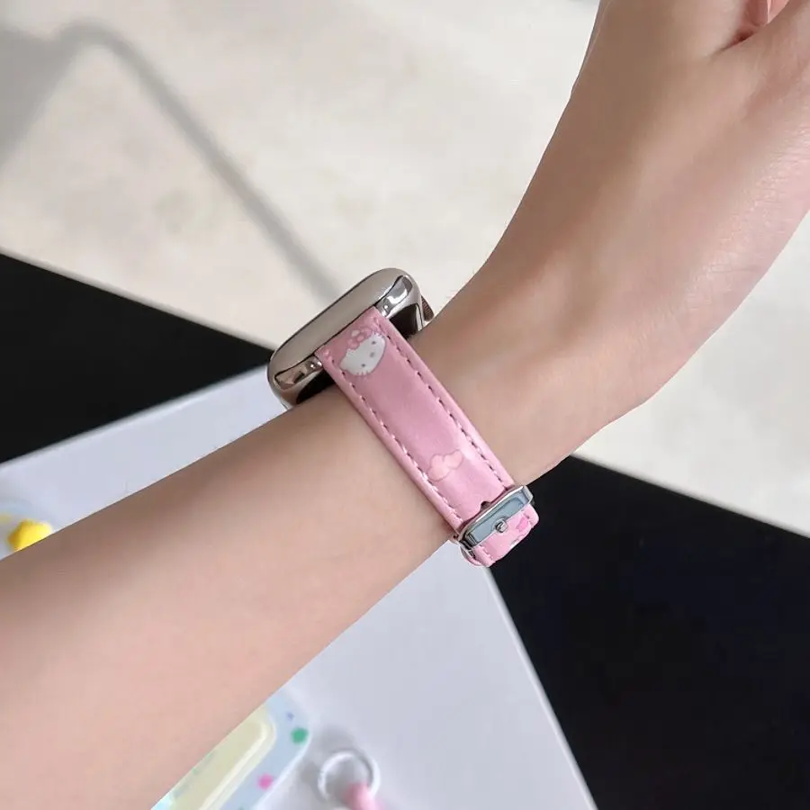 Cartoon Cute Thin PU Leather Strap for iWatch 10/9/8/7/6/5/4/3/Ultra Band Hello Kitty Cinnamoroll for 46 49 45 44 42 41 40 38mm