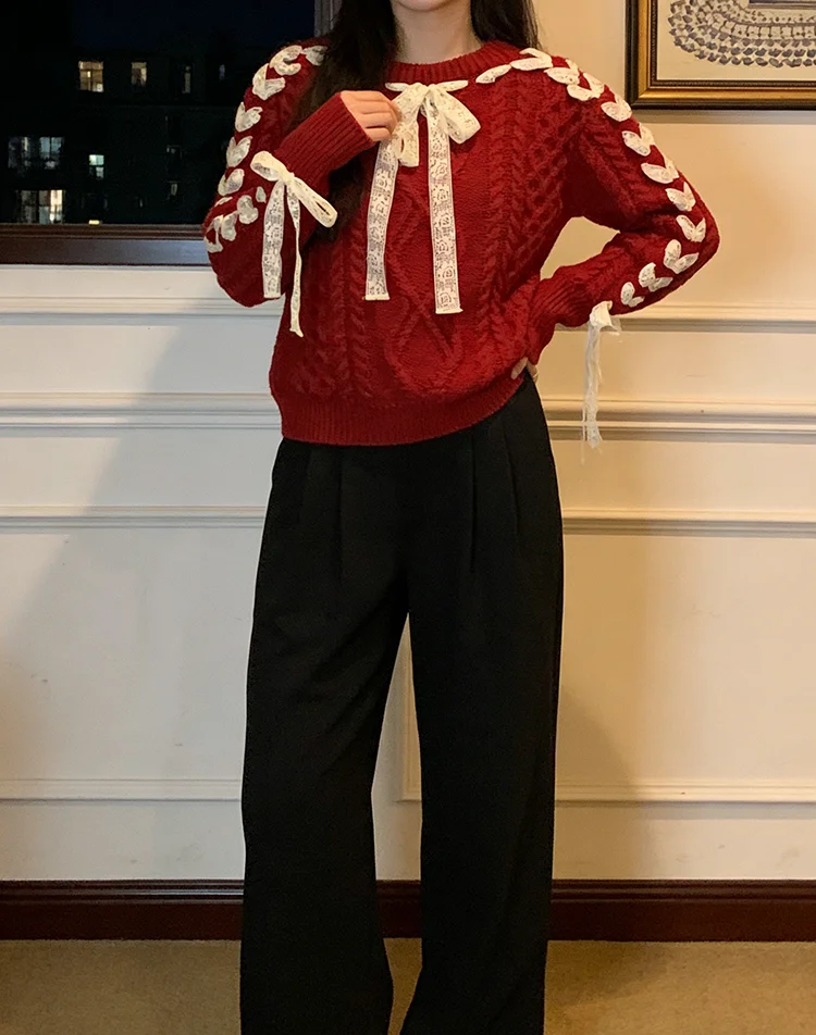 

Lace-up Knitting Pullovers For Women Korean Style Fashionable Sweaters Cute Lovely Young Girls Clothing Sweet Youthful Chic Warm