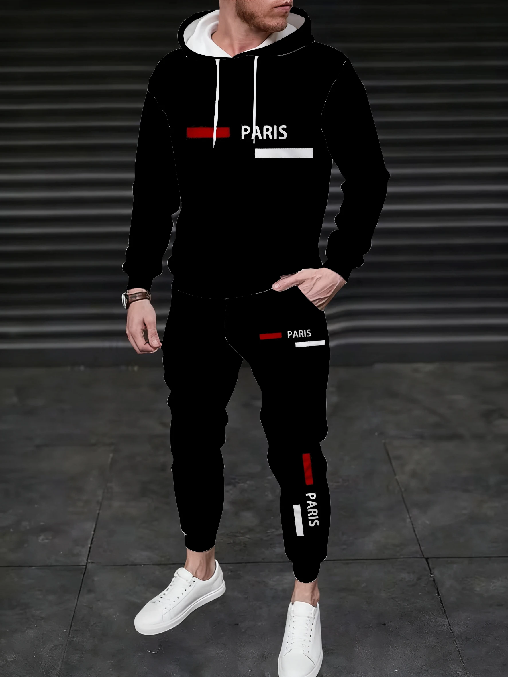 

A men's hooded sweatshirt paired with sweatpants, featuring checks and the word "PARIS", exudes a versatile street style