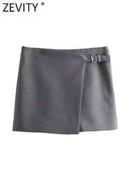 ZEVITY New Women Fashion Side Belt Design Asymmetrical Casual Shorts Skirts Office Lady Solid Color Zipper Hot Pants Mujer P5894