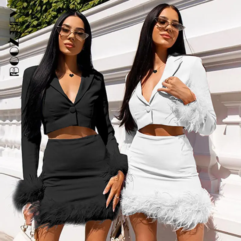 BoozRey 2022 Autumn Fashion Elegant Women Suit Skirt Set Long Sleeve Blazer and Feather Mini Short Skirt Two Piece Outfits