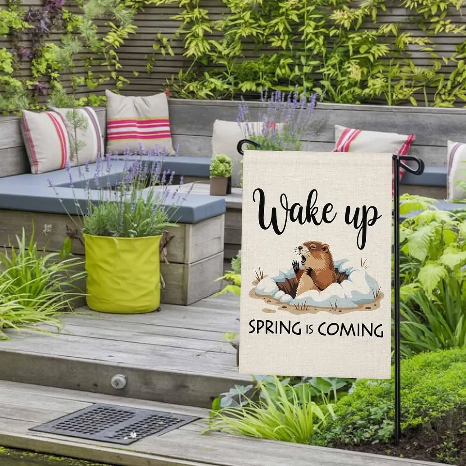 Cartoon Groundhog Garden Flag for Outside, Wake Up Spring Is Coming Linen Texture 28x40 Inch Double Sided, Weatherproof Yard PPM