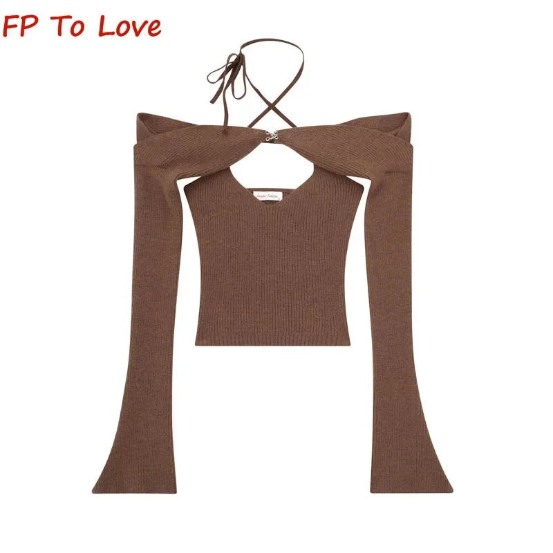 2023 Pure Desire Wind Spice Girl Sexy Knitted V-Neck Neck Tie Vest Sweater Flared Long Sleeve Hollow Out Short Neckless Top