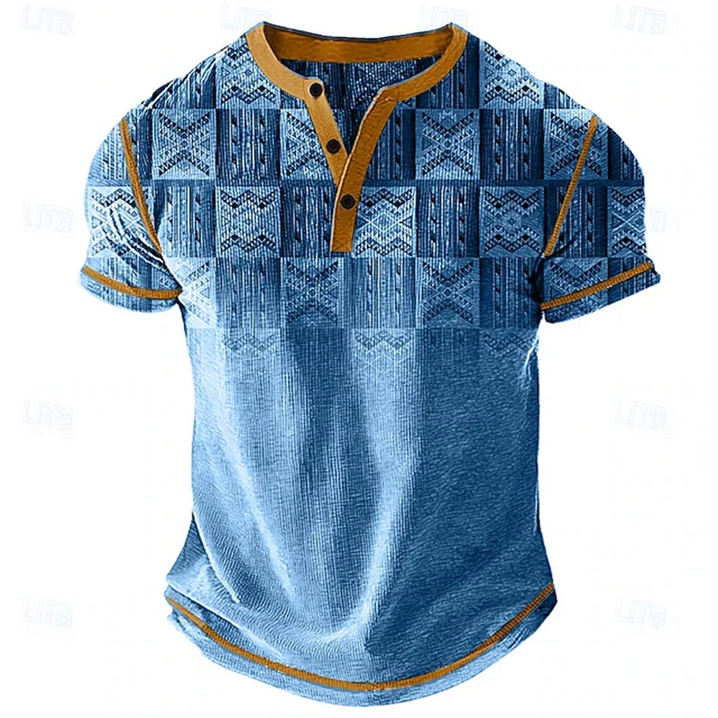 2025 Summer Men's New V-Neck Shirt 3D Checkered Print Retro Street Style Button-Up Short-Sleeve T-Shirt Outdoor Polo Shirt