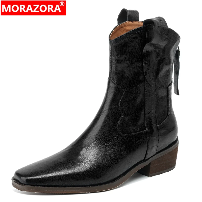 

MORAZORA Plus Size 34-43 New Sheepskin Genuine Leather Boots Women Zipper Cowboy Western Boots Handsome Autumn Winter Ankle Boot