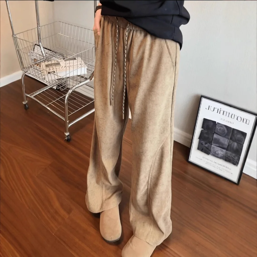 

Men's Khaki Dark Pattern Diagonal Cut Scimitar Cargo Pants American Corduroy Sweatpants Drape Sports Elastic Waist Pants