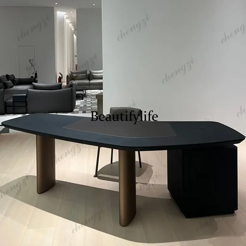 A4567 Italian minimalist solid wood stainless steel leg desk high sense simple special-shaped corner designer irregular desk