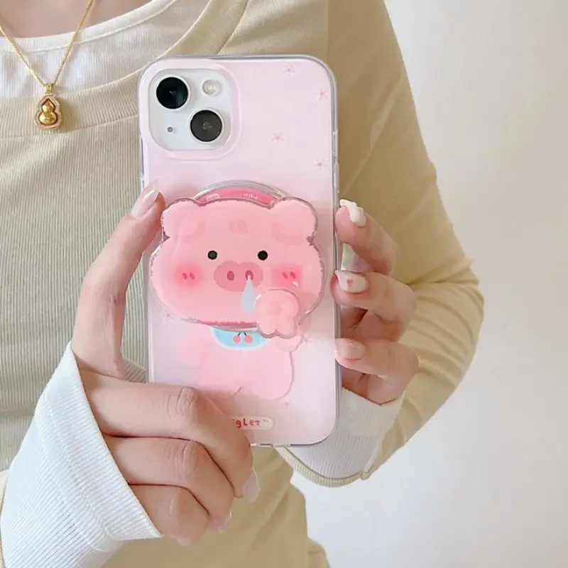

Cute Cartoon Pig Rotation For Magsafe Magnetic Phone Griptok Grip Tok Stand For iPhone 15 16 17 Wireless Charging Case Holder