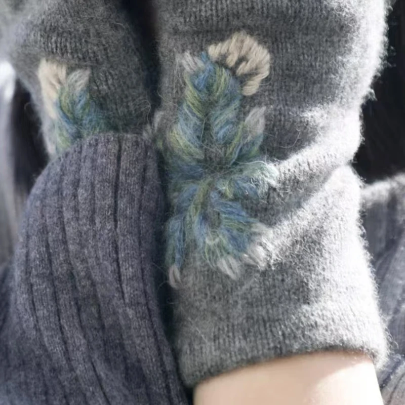 Кашемировые толстые перчатки, зимние уличные теплые манжеты на запястьях с сенсорным экраном, велосипедные перчатки, элегантные рукава с вышивкой из ириса, праздничный подарок