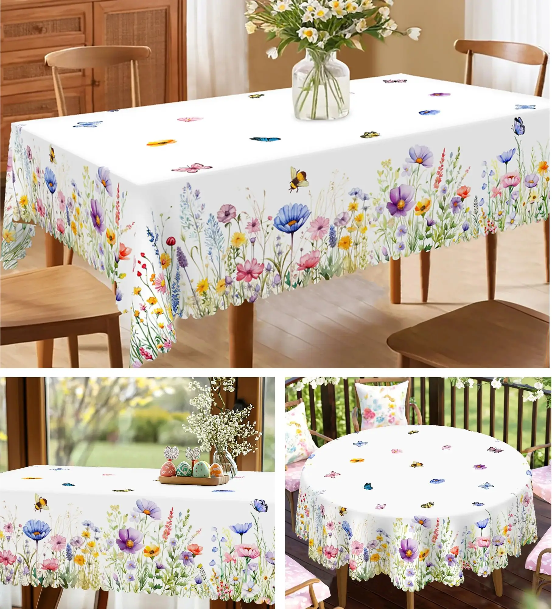 1 Piece of Spring and Summer Floral Round and Rectangular Tablecloth, Available in Various Sizes, with Watercolor Flowers and Butterflies Interwoven, and a Printed Tablecloth with a Pattern of Delicate Grasses, Featuring Embossed Edges, Spring Garden Tablecloth Decoration, Suitable for Everyday Use in the Home Kitchen, Terrace, Garden, Picnic, and as a Spring Home Decoration Gift