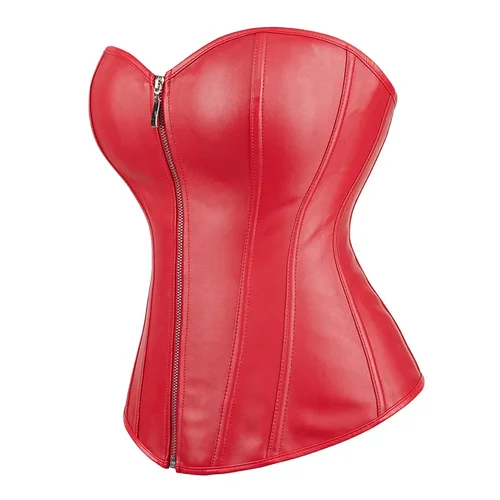 Imagen 2 del producto Rojo Negro PU cuero Bustier Tops cremallera Steampunk corsé Korset Overbust Body Shaper mujeres Sexy Basco
