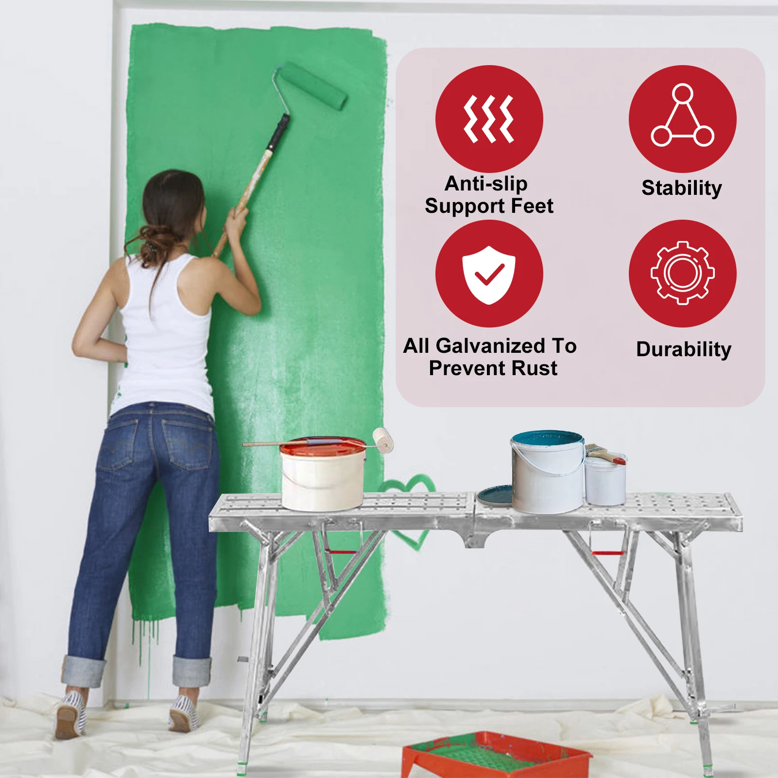Portable Scaffolding, Height Adjustable Steel Workbench, 330 Load Capacity, Portable Drywall Painting Stool
